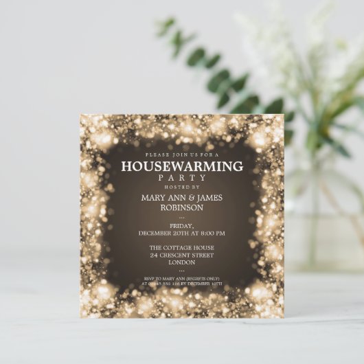 Elegant Housewarming Party Gold Sparking Lights Kaart (Staand voorkant)
