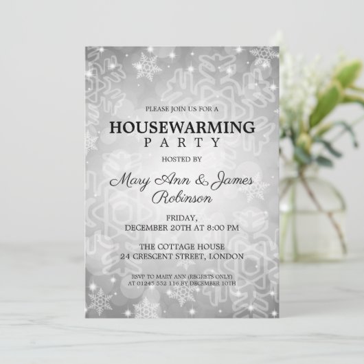 Elegant Housewarming Party Silver Winter Bokeh Kaart (Staand voorkant)