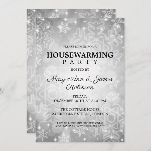 Elegant Housewarming Party Silver Winter Bokeh Kaart (Voorkant / Achterkant)