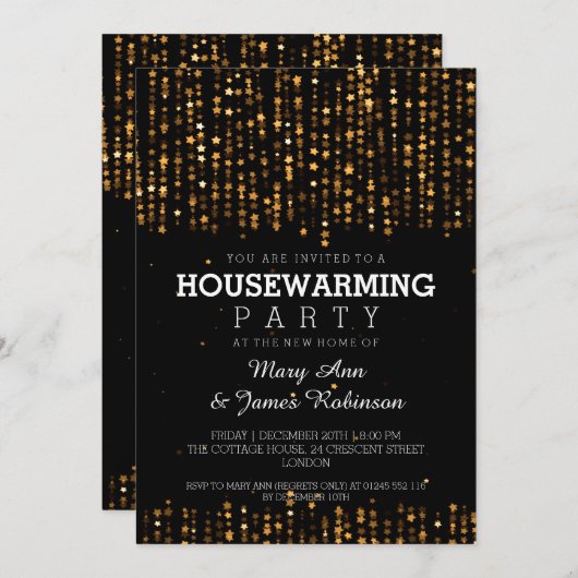 Elegant Housewarming Party Star Confetti Gold Kaart (Voorkant / Achterkant)