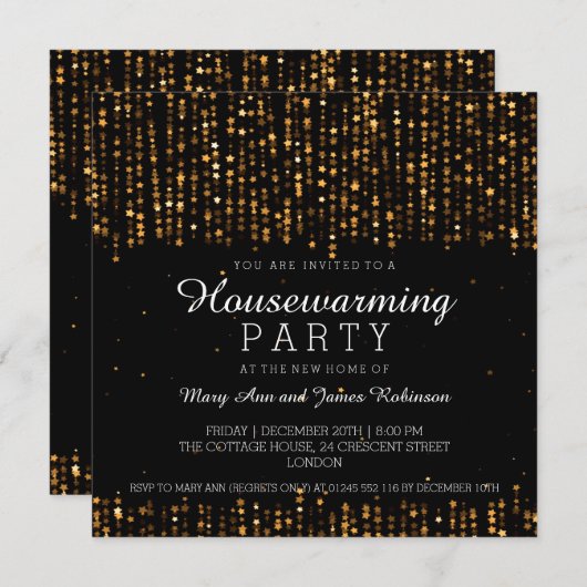 Elegant Housewarming Party Star Confetti Gold Kaart (Voorkant / Achterkant)