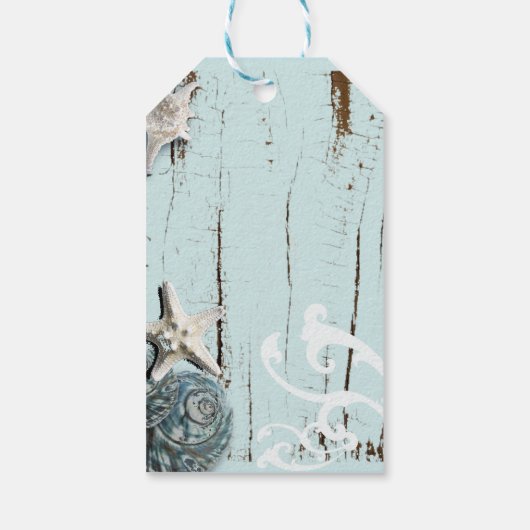 Elegant hout Blauw Zeeschelpen Strand Bruiloft gun Cadeaulabel (Achterkant)
