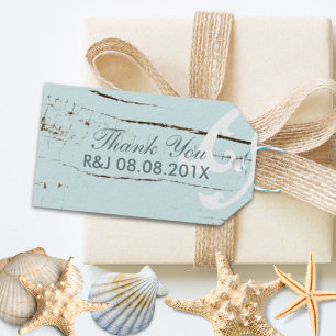 Elegant hout Blauw Zeeschelpen Strand Bruiloft gun Cadeaulabel