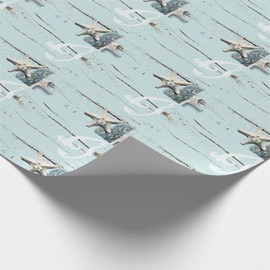 Elegant hout Blauw Zeeschelpen Strand Bruiloft gun Cadeaupapier (Hoek)