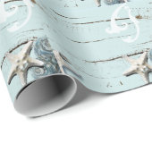 Elegant hout Blauw Zeeschelpen Strand Bruiloft gun Cadeaupapier (Rol Hoek)