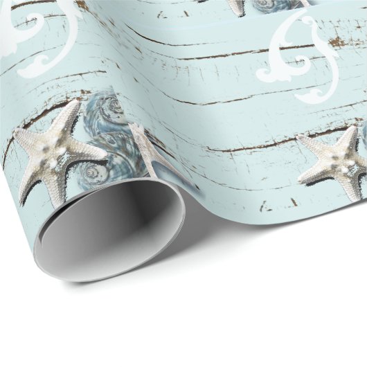 Elegant hout Blauw Zeeschelpen Strand Bruiloft gun Cadeaupapier (Rol Hoek)