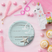 Elegant hout Blauw Zeeschelpen Strand Bruiloft gun Papieren Bordje (Feest)