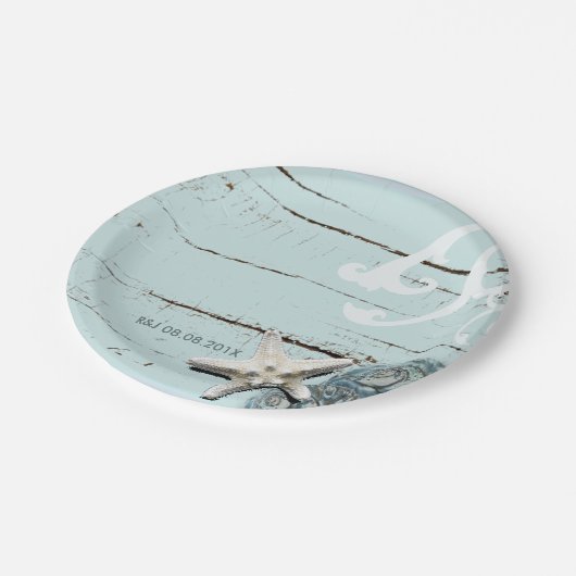Elegant hout Blauw Zeeschelpen Strand Bruiloft gun Papieren Bordje (Gekanteld)