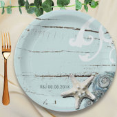 Elegant hout Blauw Zeeschelpen Strand Bruiloft gun Papieren Bordje