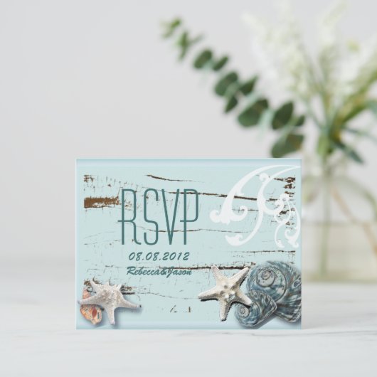 Elegant hout Blauw Zeeschelpen Strand Bruiloft rsv Uitnodiging Briefkaart (Staand voorkant)