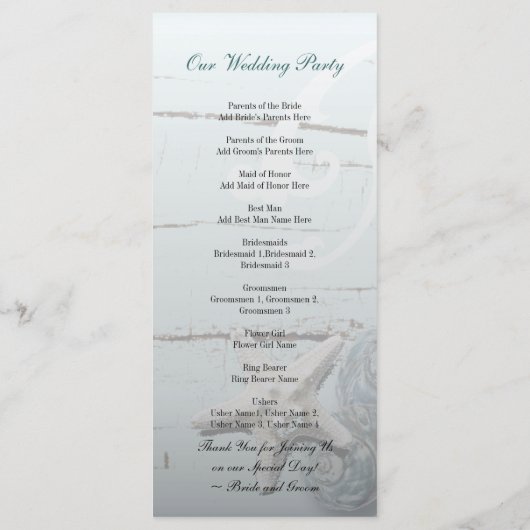 Elegant hout Blauw Zeeschelpen Strand Huwelijkspro Programmakaart (Achterkant)