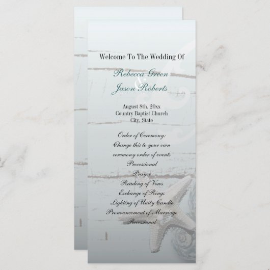 Elegant hout Blauw Zeeschelpen Strand Huwelijkspro Programmakaart (Voorkant / Achterkant)