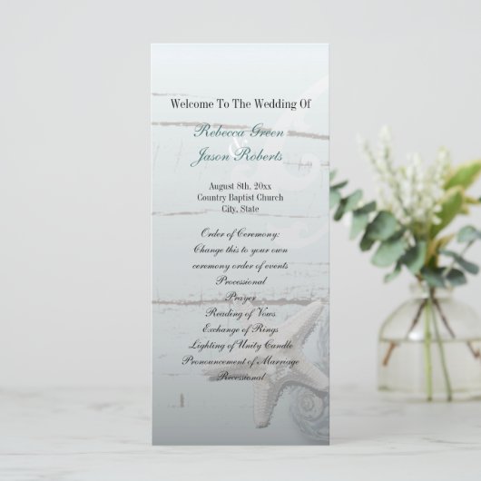 Elegant hout Blauw Zeeschelpen Strand Huwelijkspro Programmakaart (Staand voorkant)