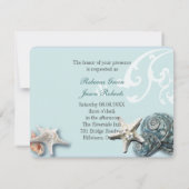 Elegant hout Blauwe Schelpen Strand Bruiloft Kaart (Achterkant)