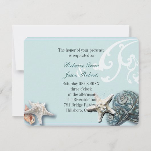 Elegant hout Blauwe Schelpen Strand Bruiloft Kaart (Achterkant)