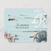 Elegant hout Blauwe Schelpen Strand Bruiloft Kaart (Voorkant / Achterkant)