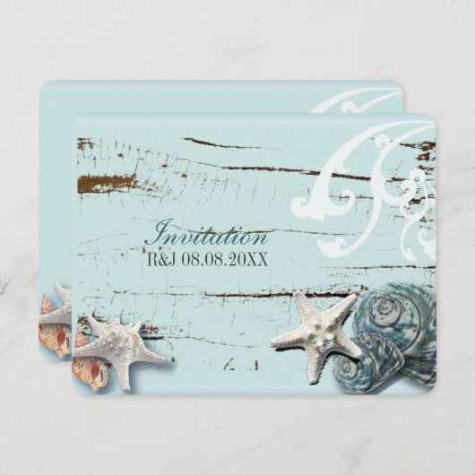Elegant hout Blauwe Schelpen Strand Bruiloft Kaart (Voorkant / Achterkant)