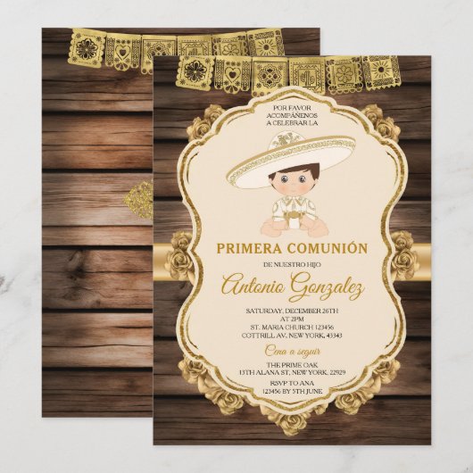 Elegant Hout Kleine Schattigee Jongen Primera Comu Kaart (Voorkant / Achterkant)