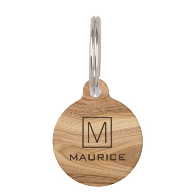 Elegant hout look monogram naam telefoonnummer huisdierpenning (Voorkant)