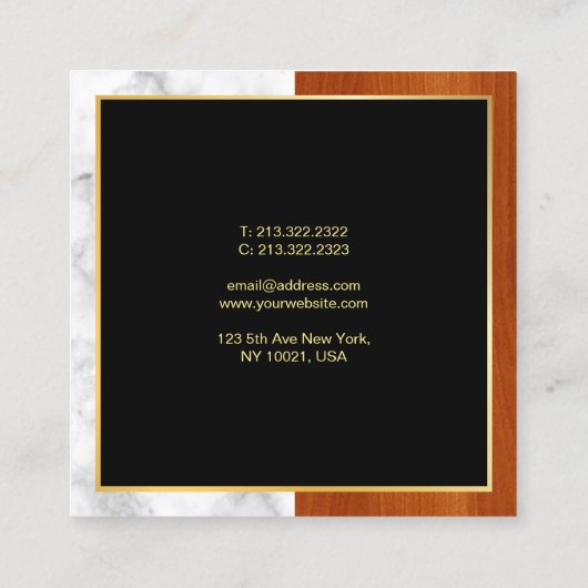 Elegant Hout Marmer Goud Luxe Sjabloon Vierkante Visitekaartje (Achterkant)