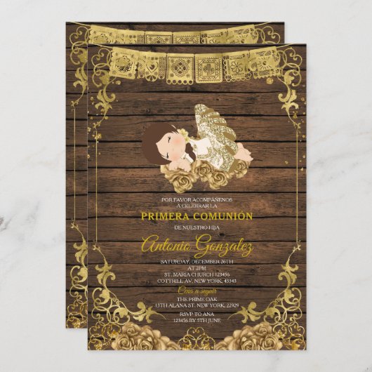 Elegant Hout Schattige Meisje Primera Comunión Gou Kaart (Voorkant / Achterkant)