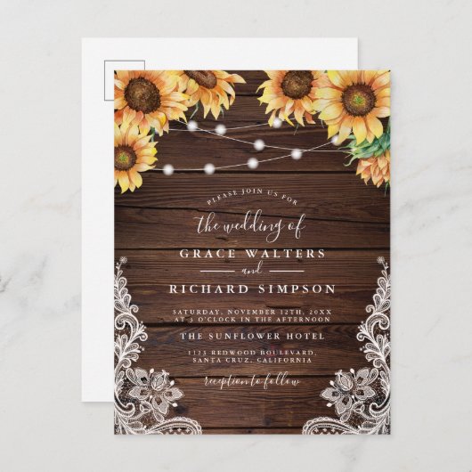 Elegant hout, zonnebloemen, verlichting en kant br uitnodiging briefkaart (Voorkant / Achterkant)
