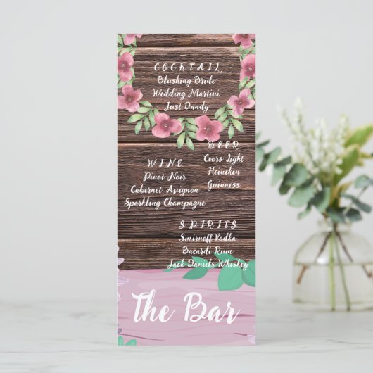 Elegant Houten De Bar Trouwen Drinken Menu Kaart (Staand voorkant)