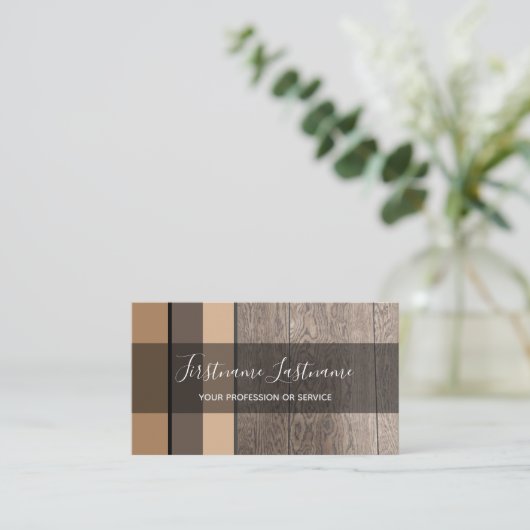 Elegant houten plank met minimale aardtoonrechthoe visitekaartje (Staand voorkant)