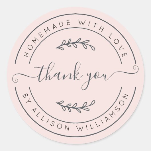 Elegant Huisgemaakt Met Liefde Pastel Roze Dank Je Ronde Sticker (Voorkant)