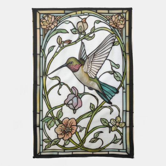 Elegant hummingbird artwork botanical boho chic theedoek (Verticaal)