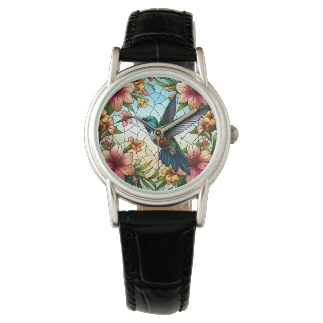 Elegant Hummingbird Glas in lood Effect Horloge (Voorkant)