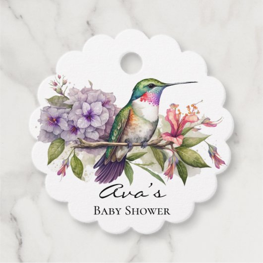 Elegant Hummingbird Paarse Bloemen Meisje Baby sho Bedankjes Labels (Voorkant)