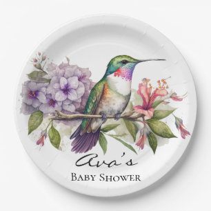 Elegant Hummingbird Paarse Bloemen Meisje Baby sho Papieren Bordje