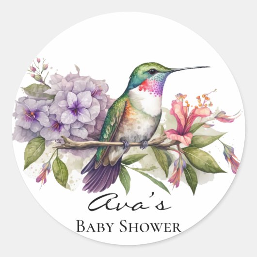Elegant Hummingbird Paarse Bloemen Meisje Baby sho Ronde Sticker (Voorkant)
