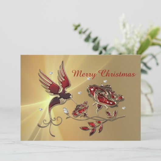 Elegant Hummingbird Red Floral met kerst Feestdagenkaart (Staand voorkant)