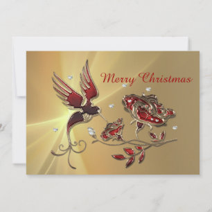 Elegant Hummingbird Red Floral met kerst Feestdagenkaart