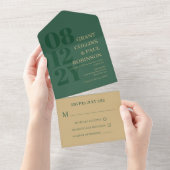 Elegant Hunter Green & Tan Typography Wedding All In One Uitnodiging (Afscheurbaar)