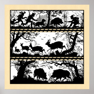 Elegant Hunting Scene Running Deer Wild Boar Poster