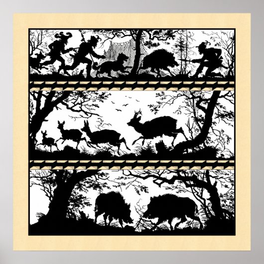 Elegant Hunting Scene Running Deer Wild Boar Poster (Voorkant)