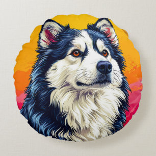 Elegant huskyportret met levendige zonsondergang rond kussen