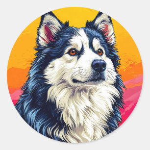 Elegant huskyportret met levendige zonsondergang ronde sticker