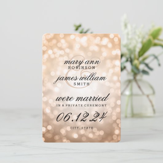 Elegant huwelijk / Elopement Copper Bokeh Lights Aankondiging (Staand voorkant)