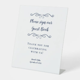 Elegant Huwelijksgastenboek Calligrafie Marineblau Reclamebord Met Voetstuk