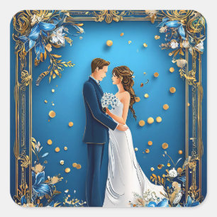 Elegant Huwelijkskoppel met Bloemenkader Vierkante Sticker