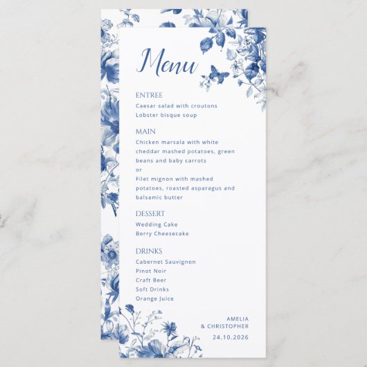 Elegant huwelijksmenu met delicate blauwe bloemen menu (Voorkant / Achterkant)