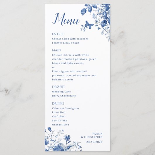 Elegant huwelijksmenu met delicate blauwe bloemen menu (Voorkant)