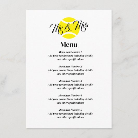 Elegant huwelijksmenu met gele tennisbal logo menu (Voorkant)