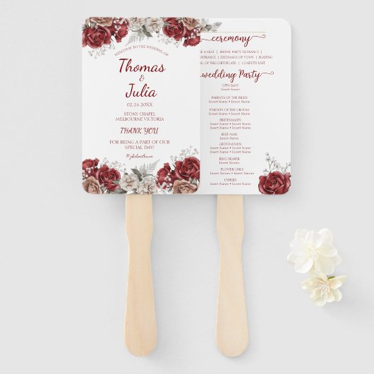 Elegant huwelijksprogramma Bourgondië & Zilveren B Handwaaier (Voorkant en achterkant)