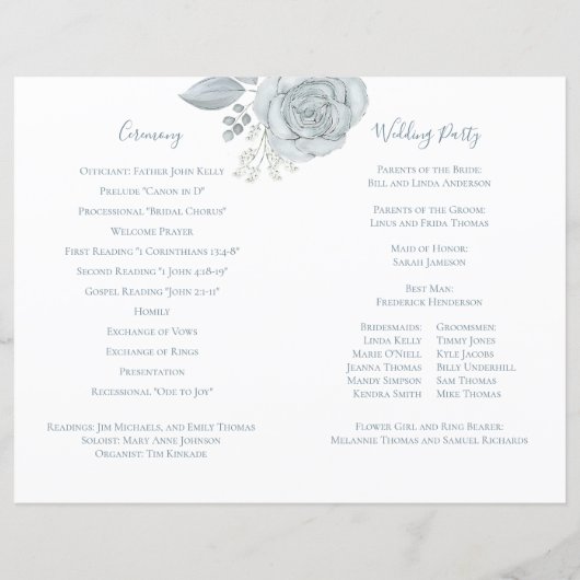Elegant huwelijksprogramma Dusty Blue Floral (Achterkant)