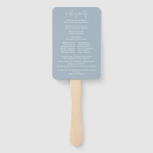 Elegant huwelijksprogramma Dusty Blue Floral Handwaaier (Achterkant)